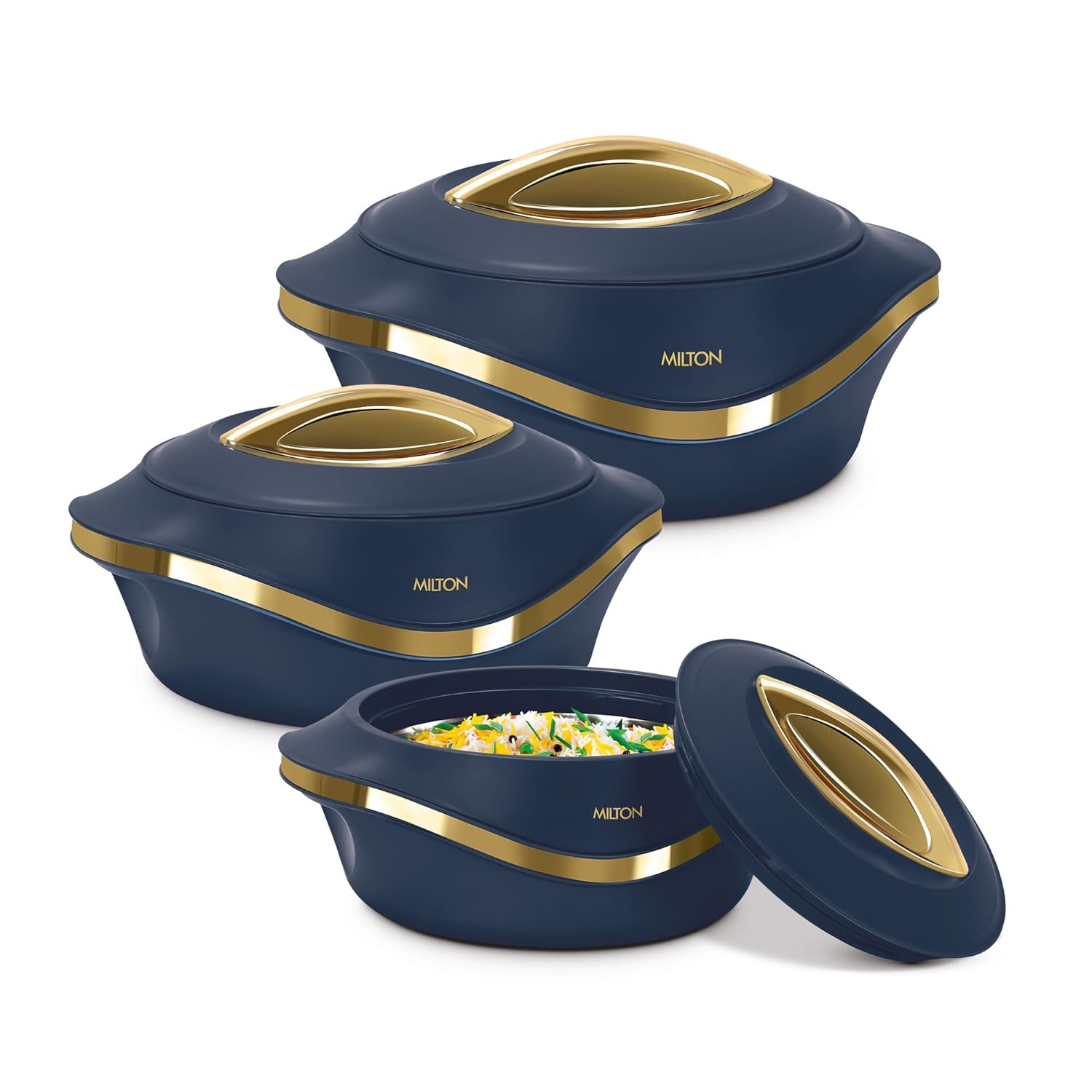 MILTON - Set of 3 - Pearl Inner Stainless Steel Jr. Casserole  (455 ml, 860 ml, 1270 ml), Blue